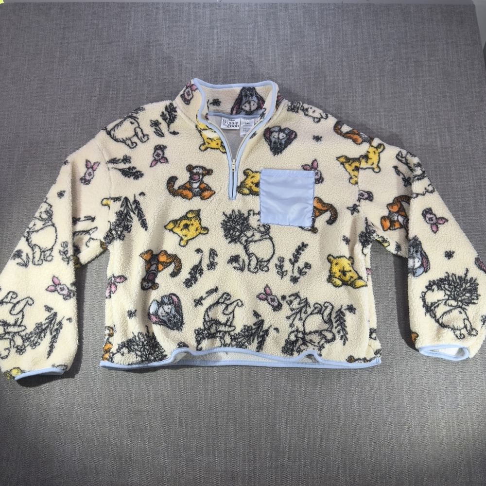Disney Shirt Womens 2XL Beige Winnie The Pooh Fleece 1/2 Zip Pullover Graphic